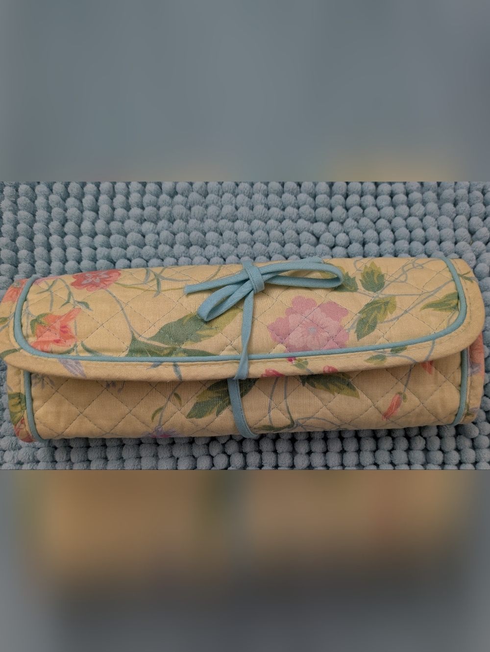 Floral Quilted Roll-Up Jewelry Organizer - Yellow with Blue Trim